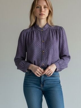 Vintage Purple Tones Patterned Long-Sleeve Button-Up Shirt
